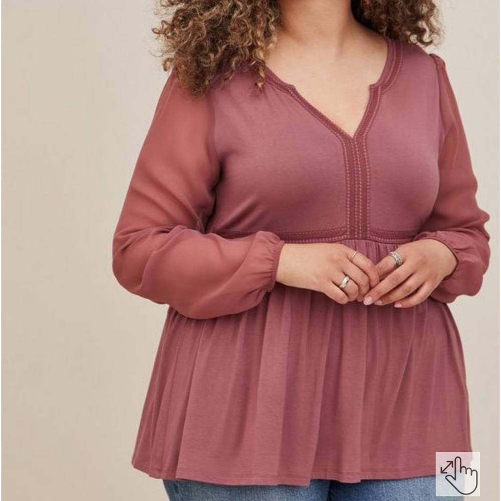 Torrid Babydoll Fabric Mix Super Soft Balloon Chiffon Sleeve Top
